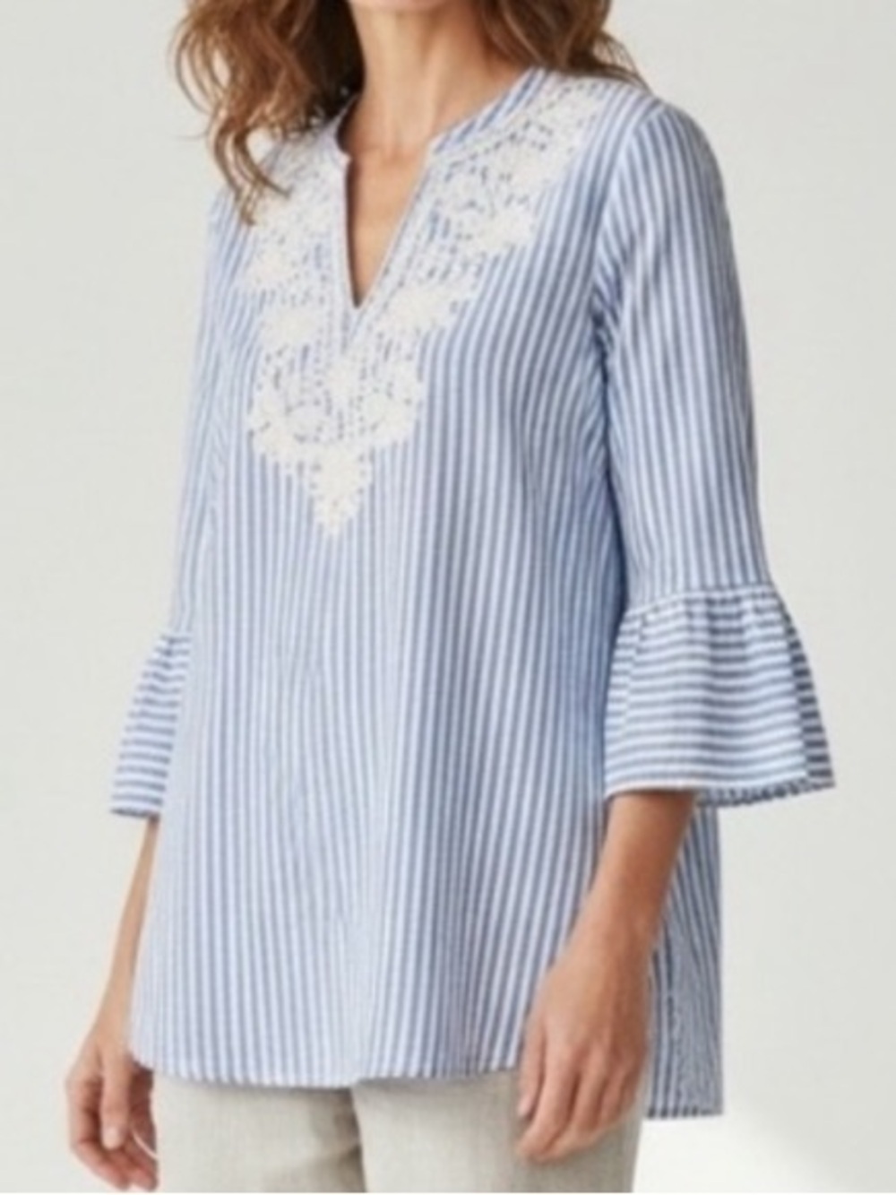 Zac & Rachel Coastal Grandma Striped blue White  Embroidered Tunic Top. X large